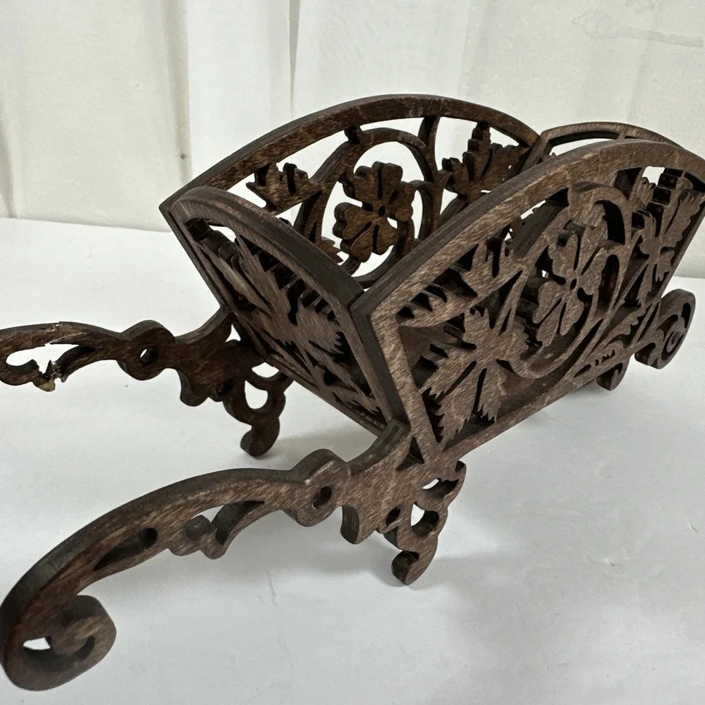 Hand Made Scrollwork Wooden Wheelbarrow Figurine 11